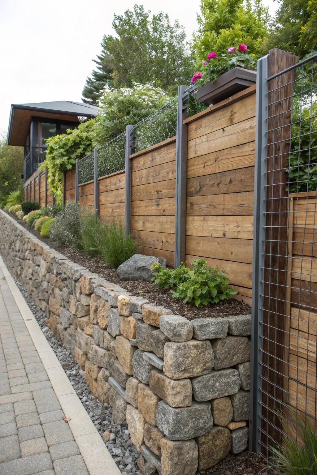 Mixed materials create dynamic and unique retaining walls.