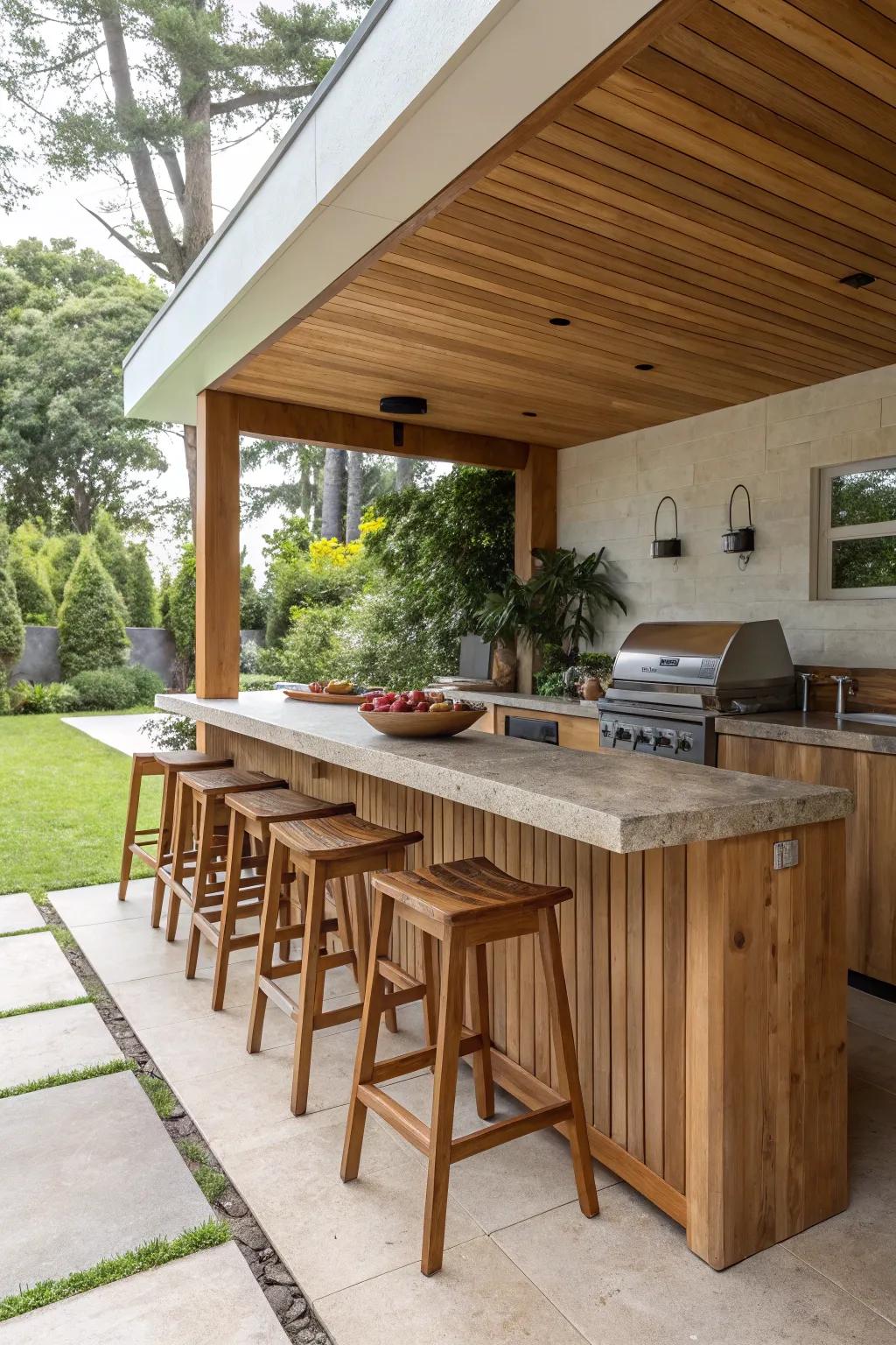 A cozy bar area with stools invites relaxation and socializing in this outdoor kitchen.