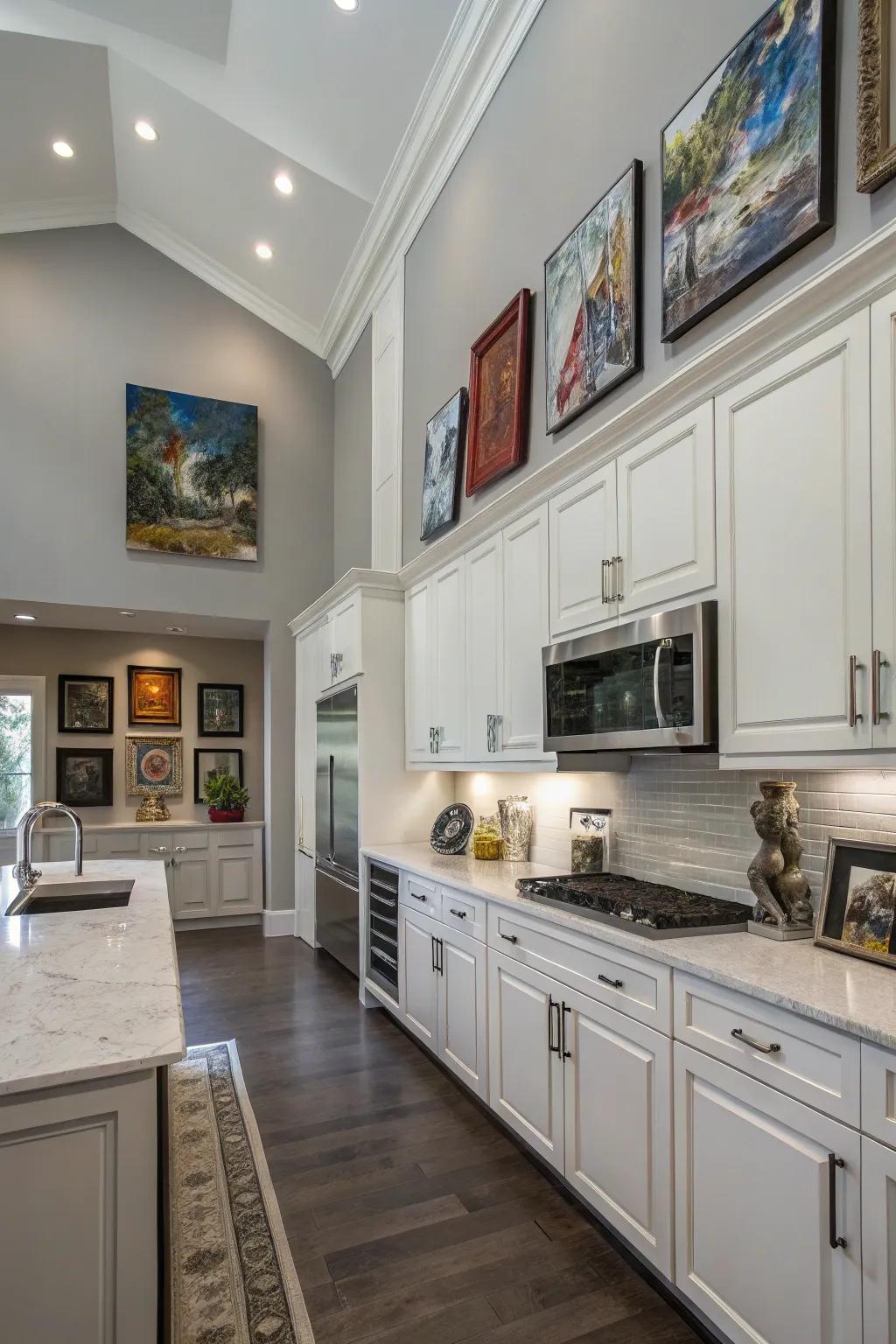 Art above cabinets adds a personal and artistic flair to the kitchen.