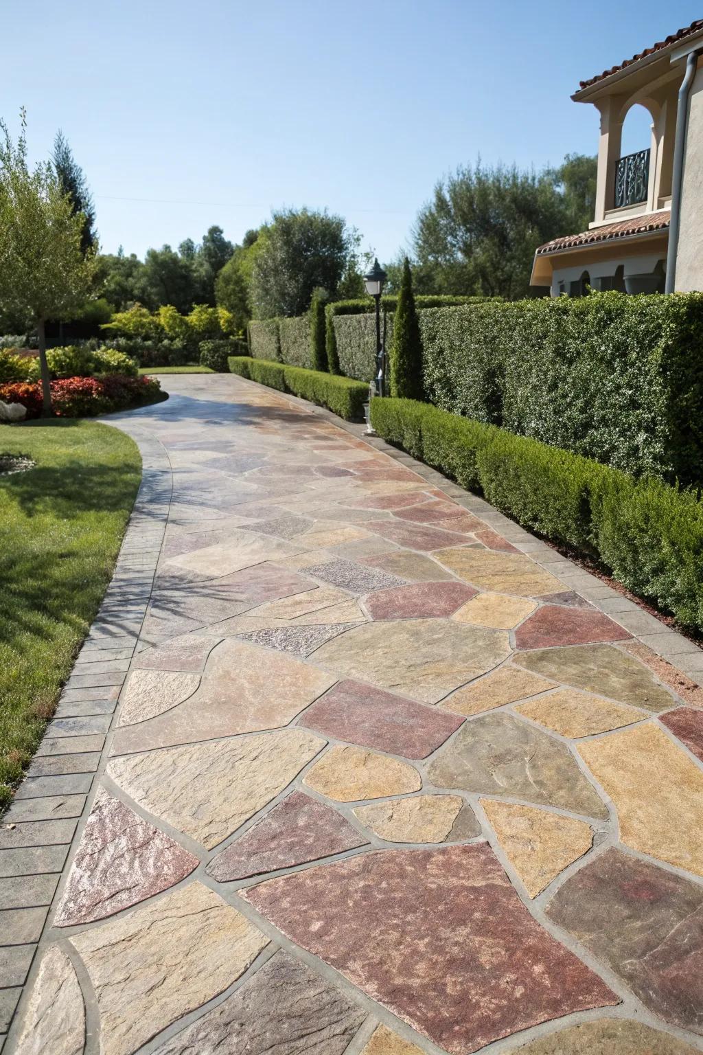 Layering colors creates a rich marbled effect on this driveway.