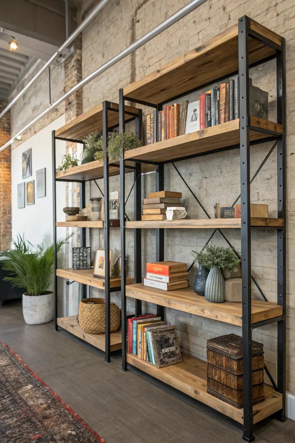 Industrial shelving combines practicality with steampunk style.