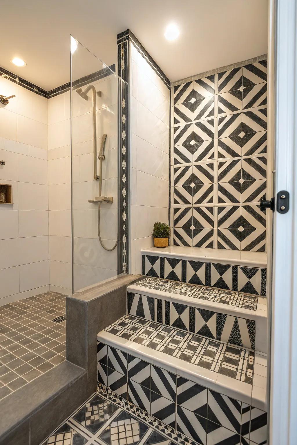 Step-down shower featuring bold geometric patterns for a modern look.