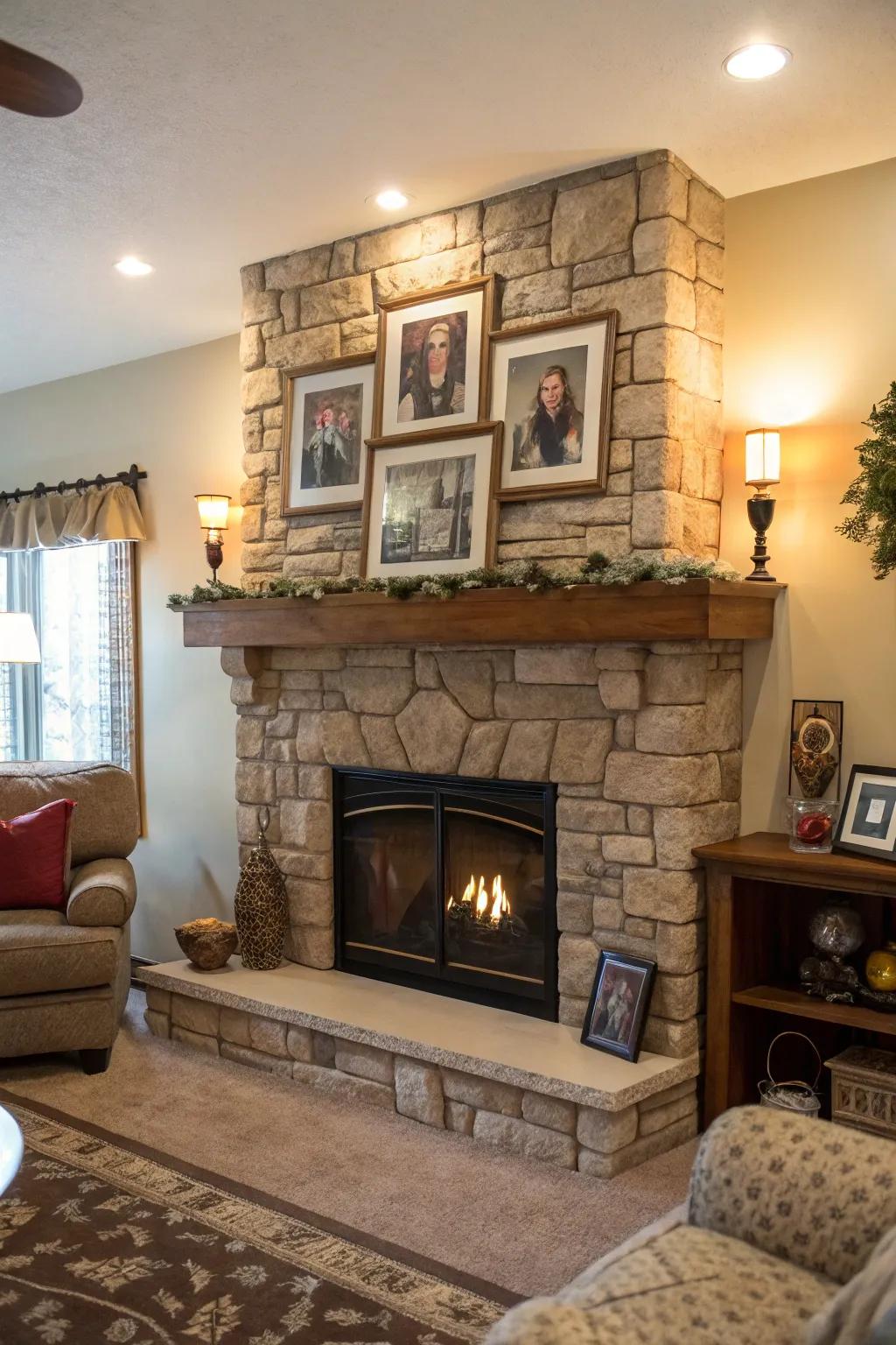 A personalized space with a stone fireplace and family photos adding a personal touch.