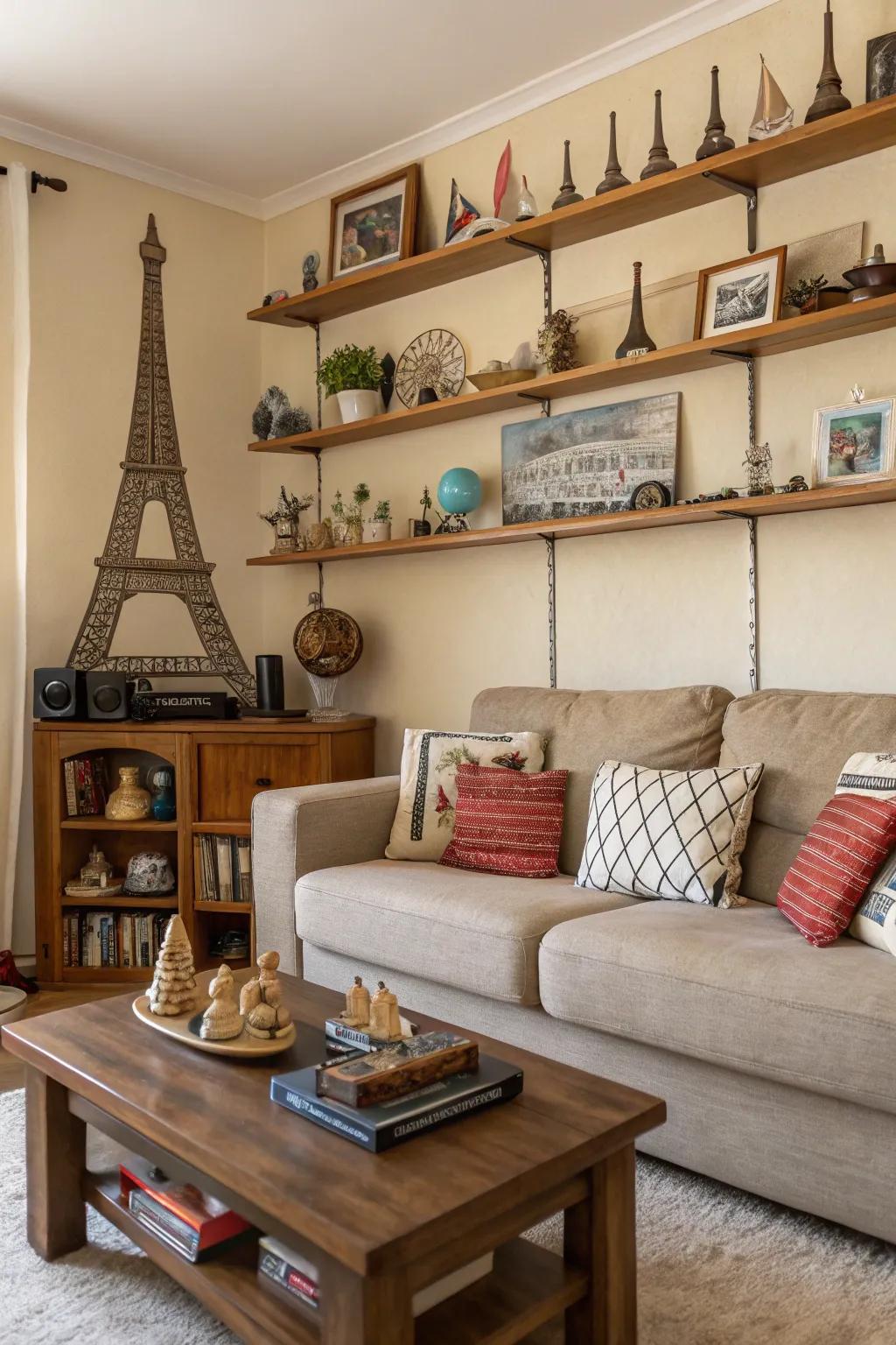 Living room with a shelf above the sofa.