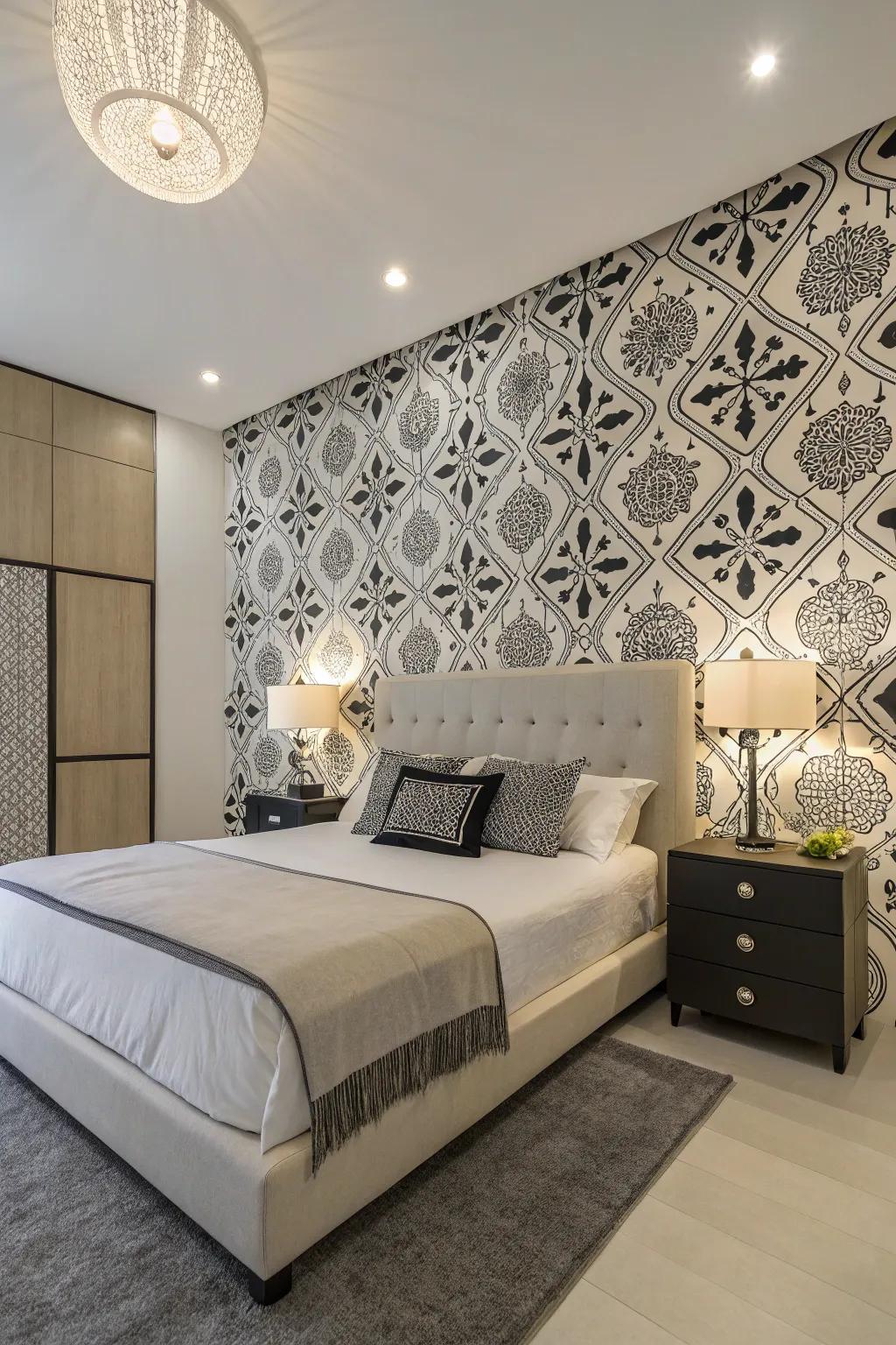 Timeless style with monochrome wallpaper.