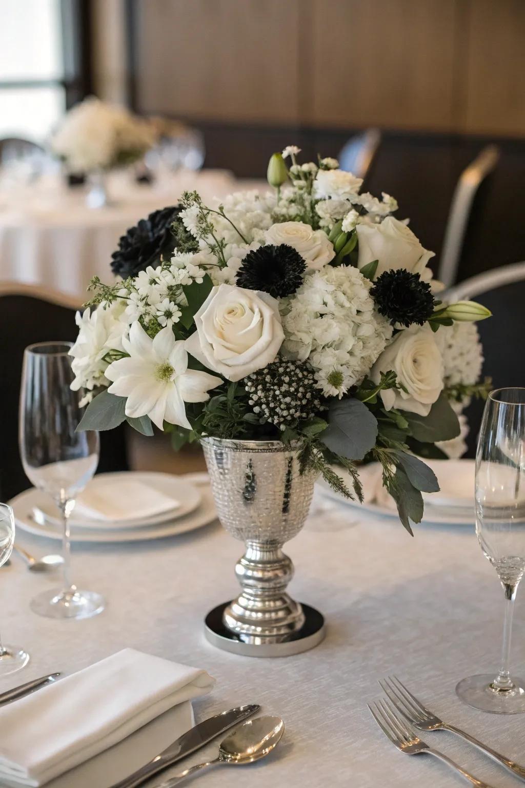 A sophisticated monochrome centerpiece with all-white flowers.