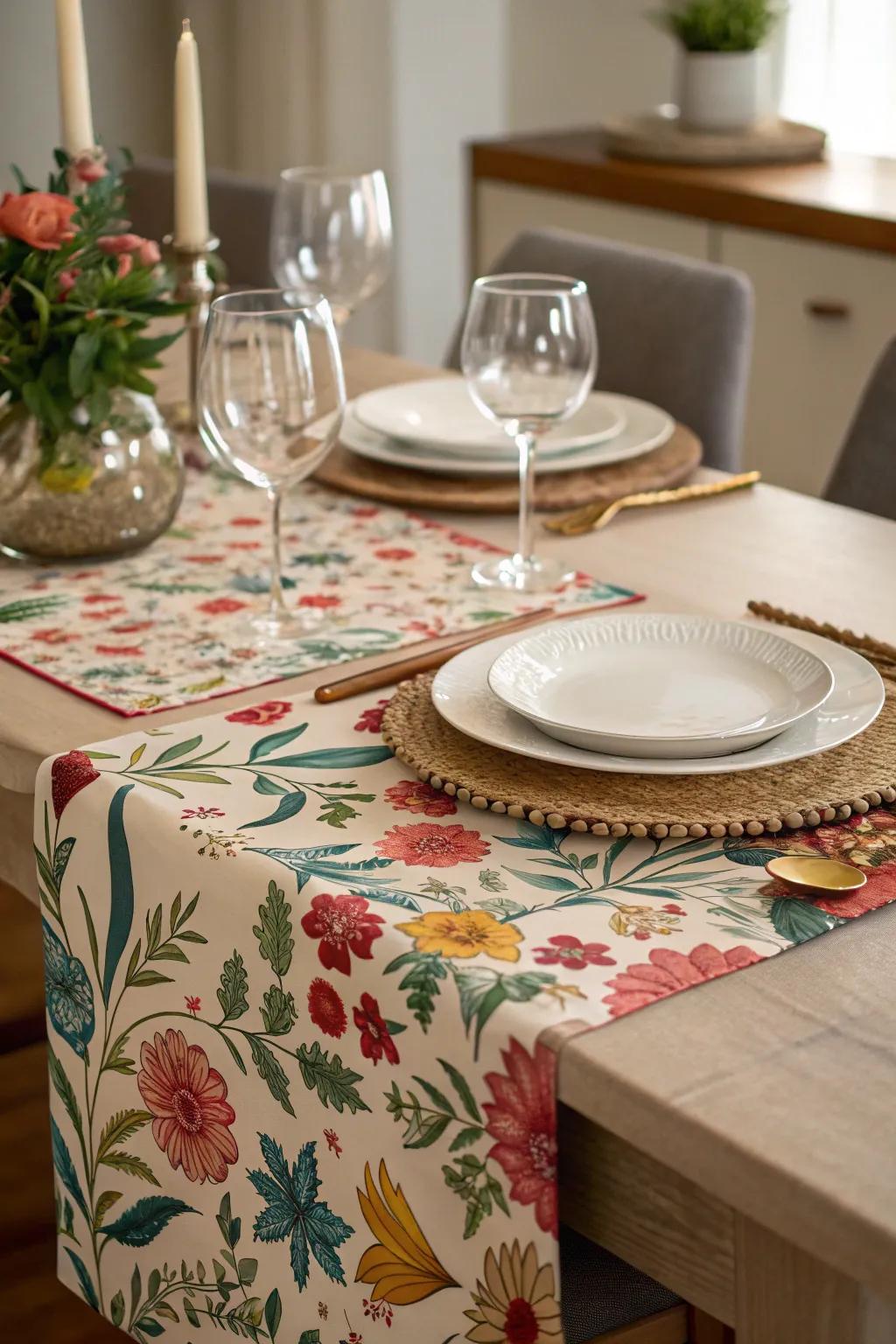 Floral table runner for an elegant and feminine dining setting.