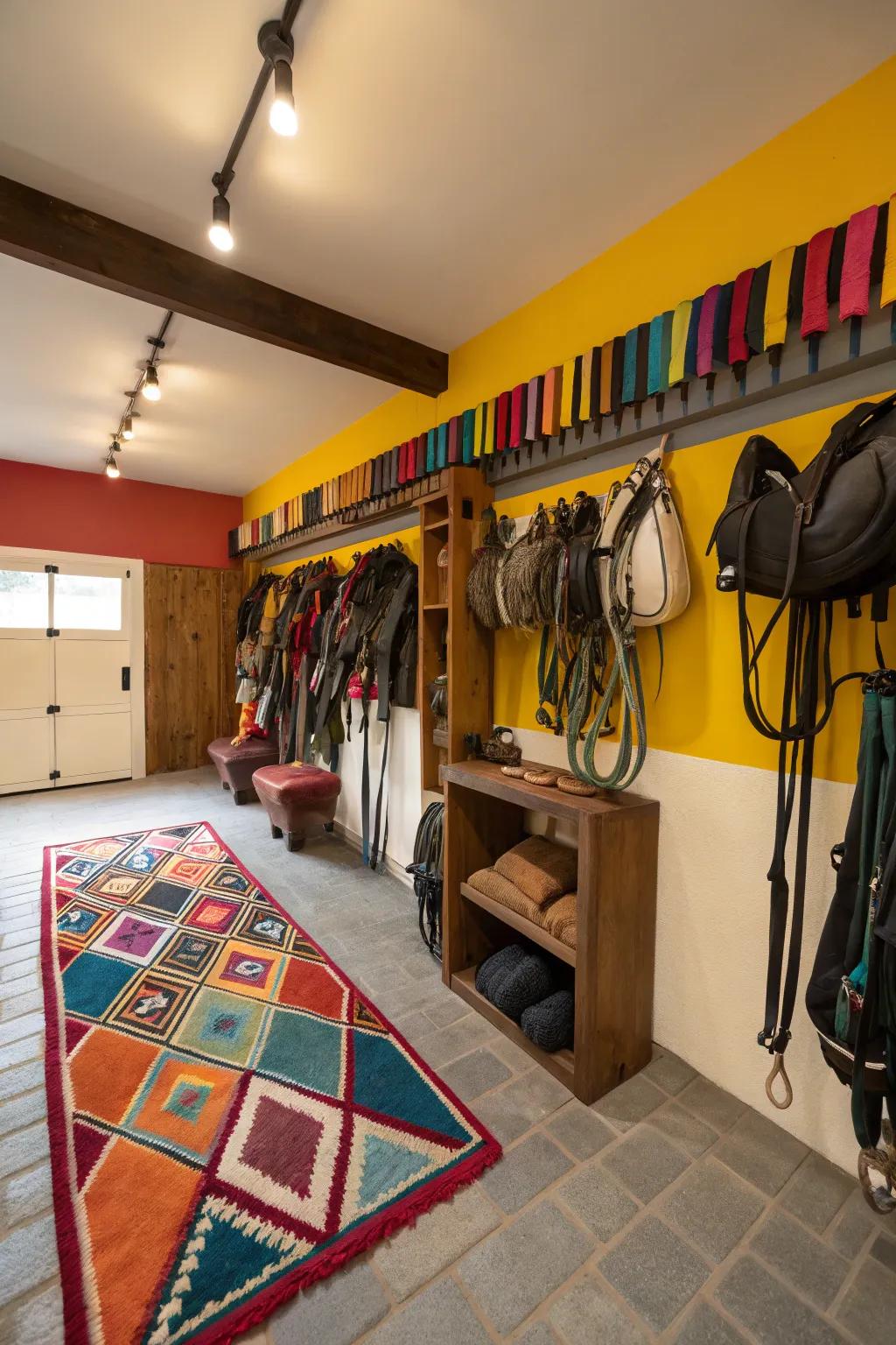 Unexpected color accents in a tack room for a lively atmosphere.