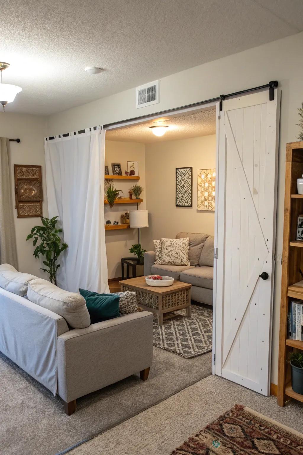 A temporary door offers privacy and flexibility in a shared living space.