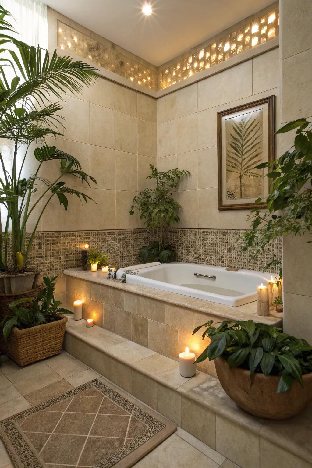 Neutral tiles and natural elements create a spa-like retreat in your bathroom.