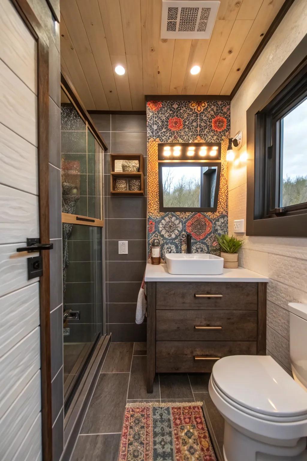 A jewel-box bathroom offers luxury in this tiny house.