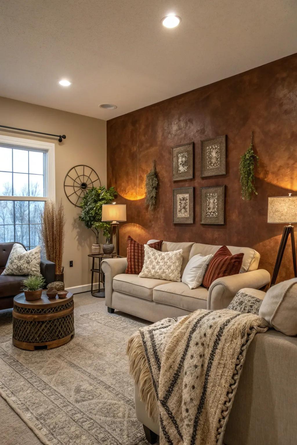 A townhouse living room with rustic brown walls for a homely feel.