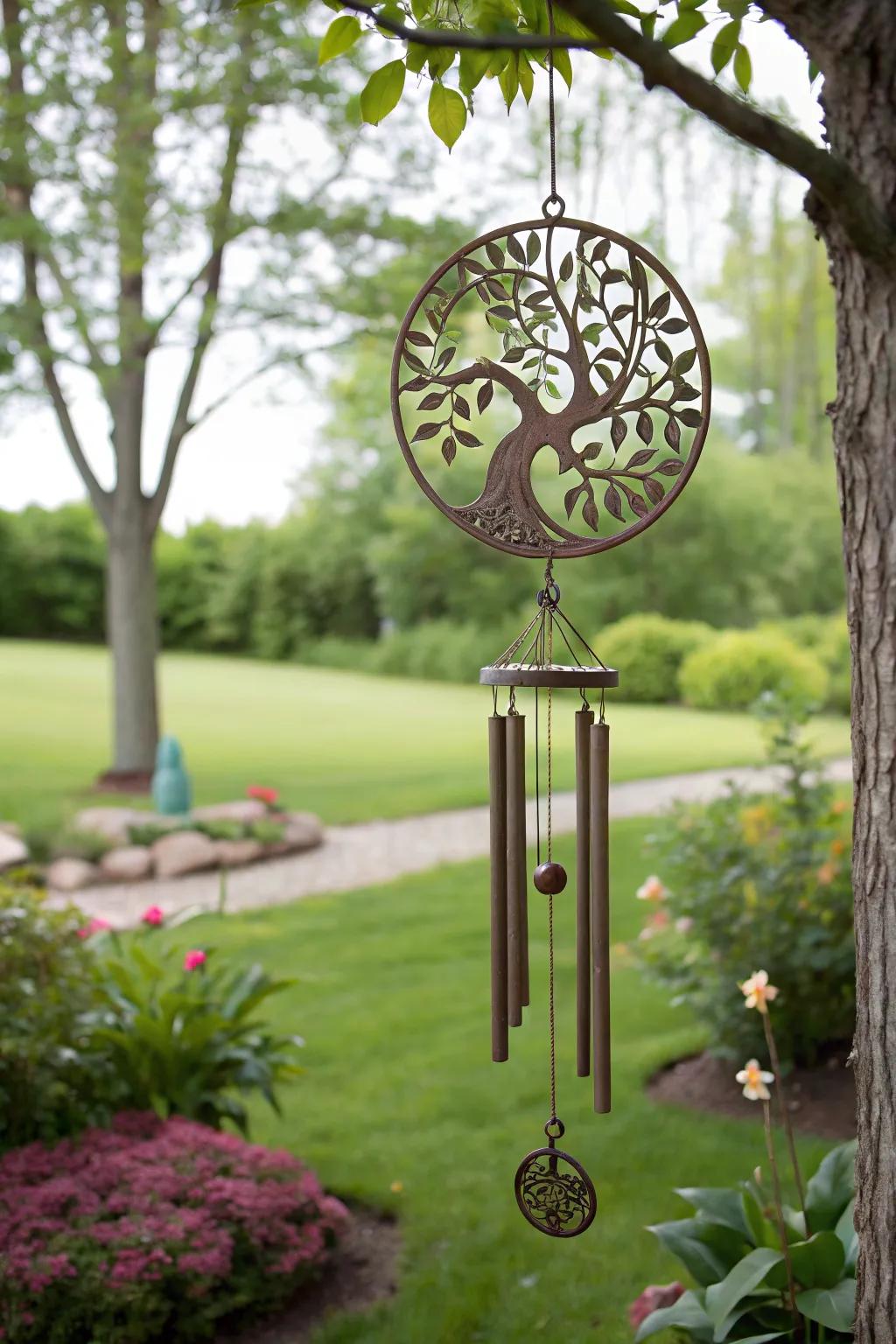 Tree of Life wind chime brings tranquility to a peaceful garden.