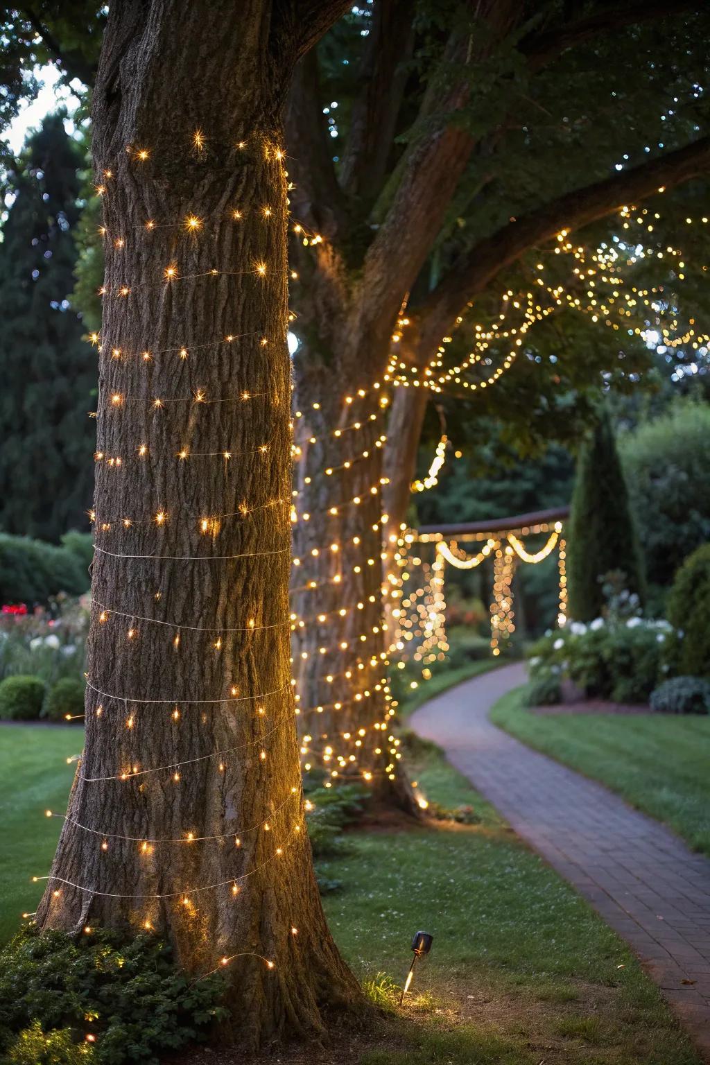 Net lights turn tree trunks into a sparkling wonderland.