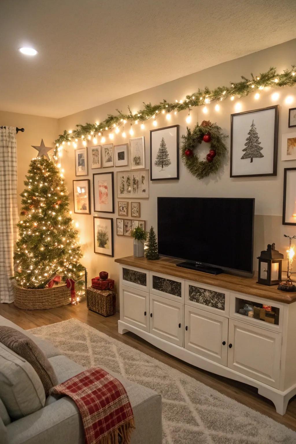 Seasonal decor keeps this TV gallery wall fresh.