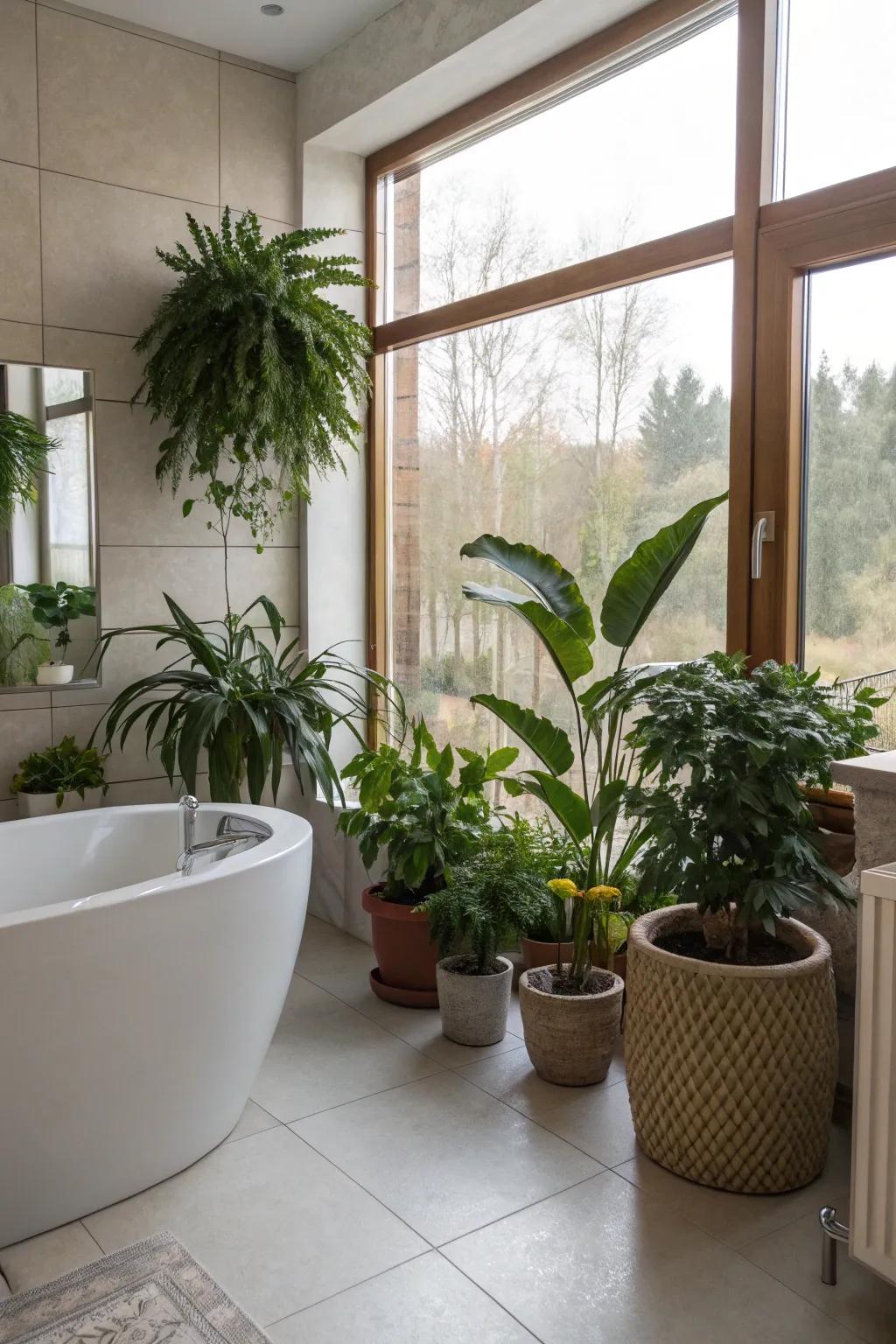 Greenery breathes life and freshness into the bathroom space.