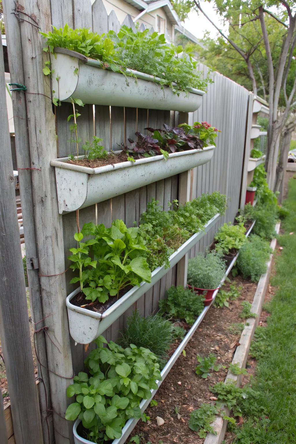 Gutters repurposed as vertical planters for small spaces.