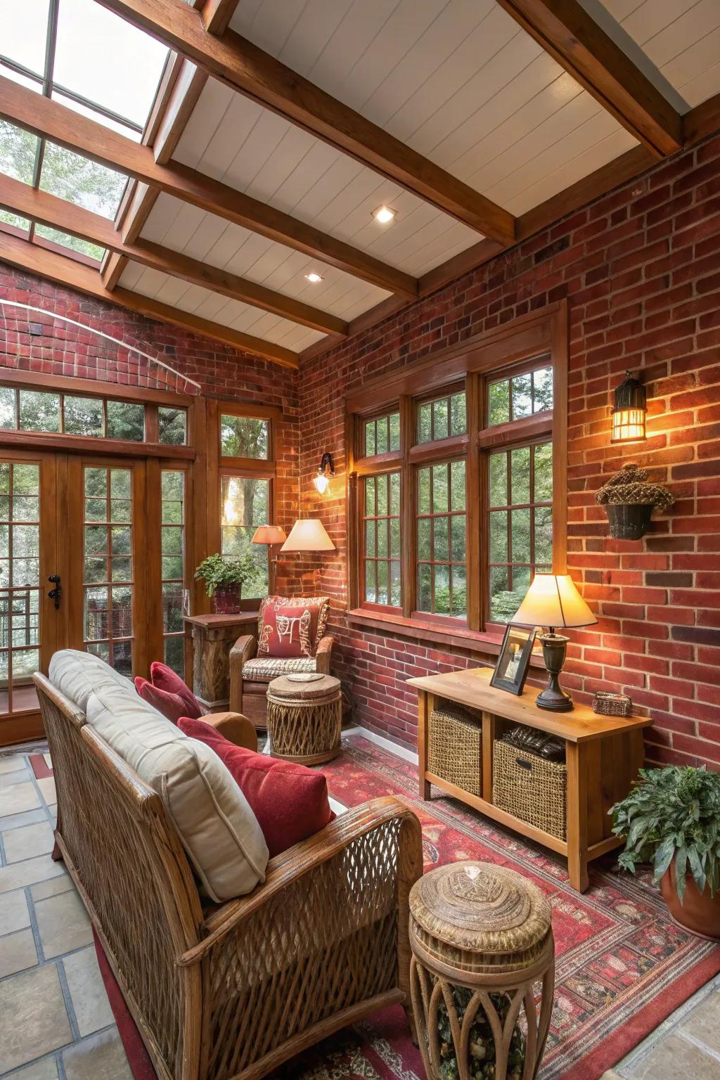 Sunroom with brick red walls, offering rustic warmth and charm.