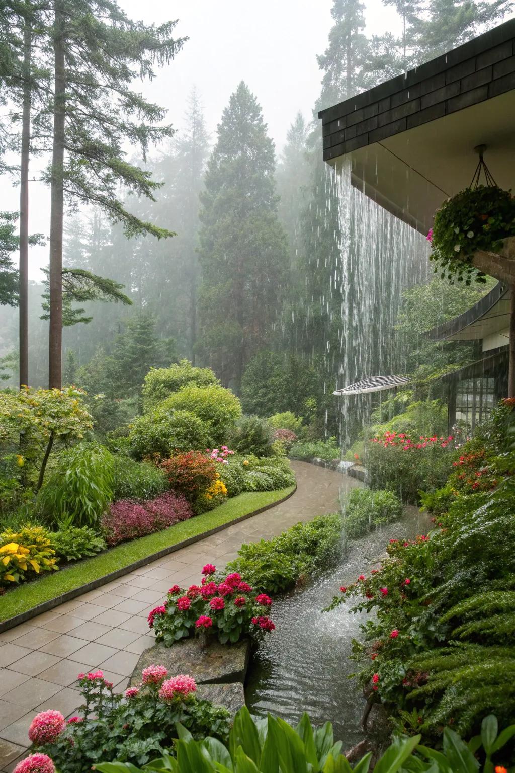 Rain curtain walls bring the gentle sound of rainfall to garden spaces.