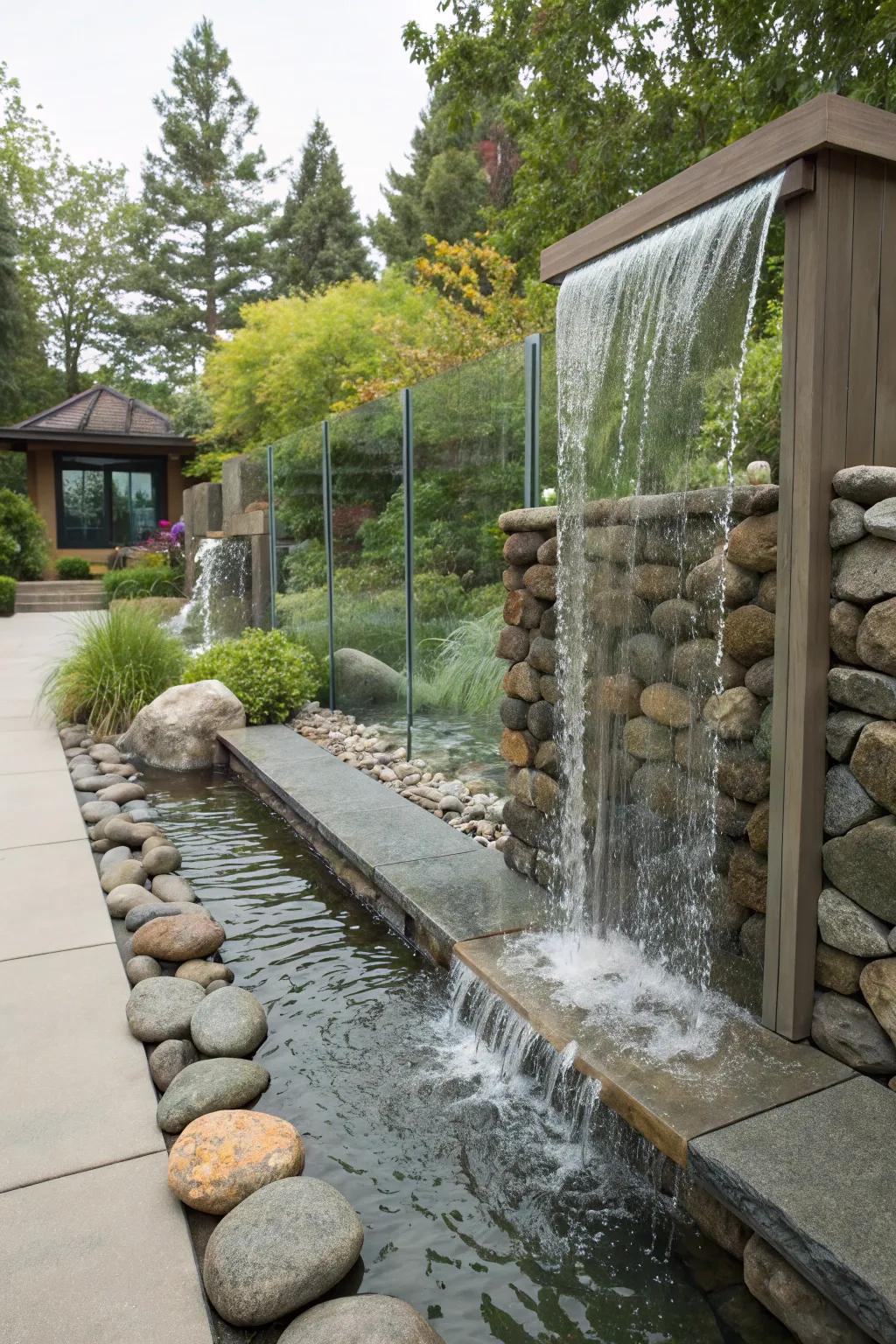 A contemporary garden waterfall with a fusion of stone and glass.