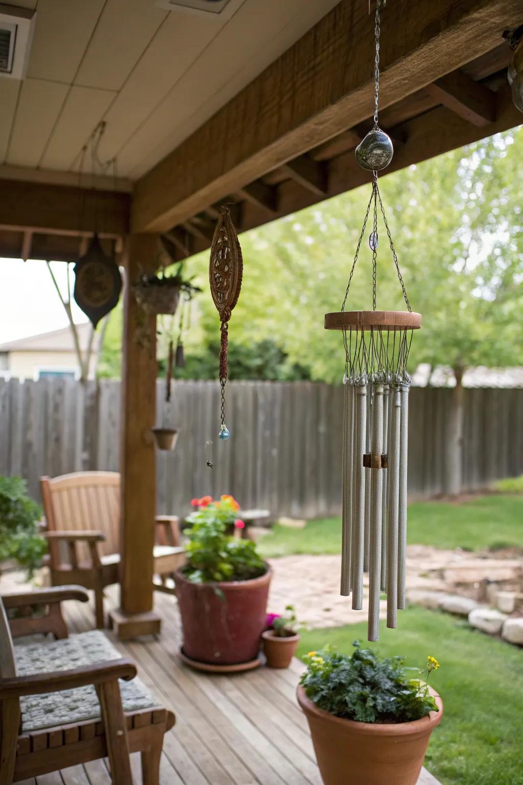 Wind chimes add soothing melodies to the porch.