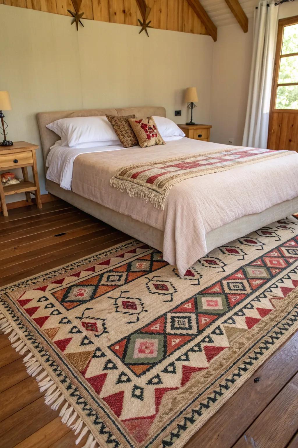 Cultural patterns on the rug enrich the bedroom with intriguing stories and depth.