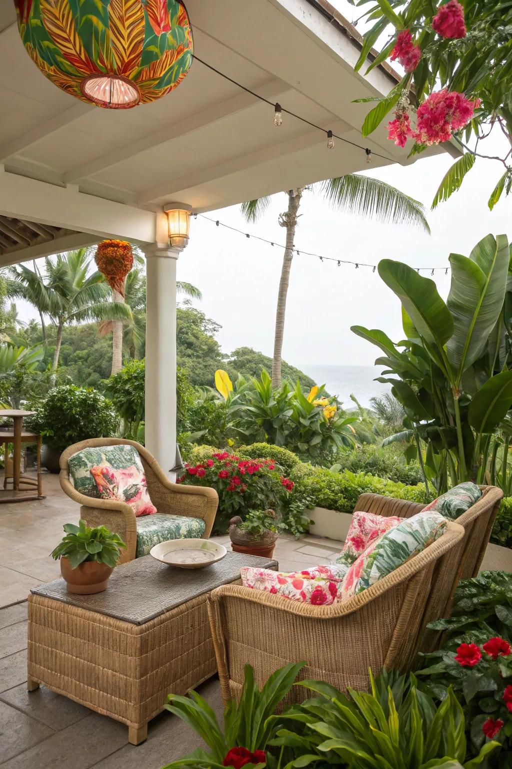 Escape to a tropical oasis with vibrant wicker patio design.