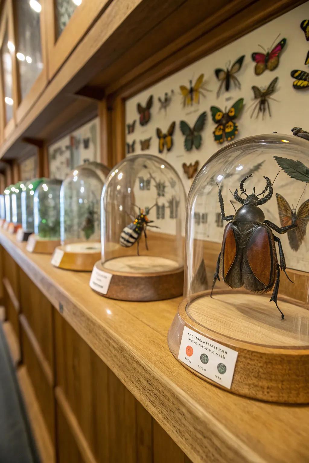 Insect specimens add a scientific curiosity.