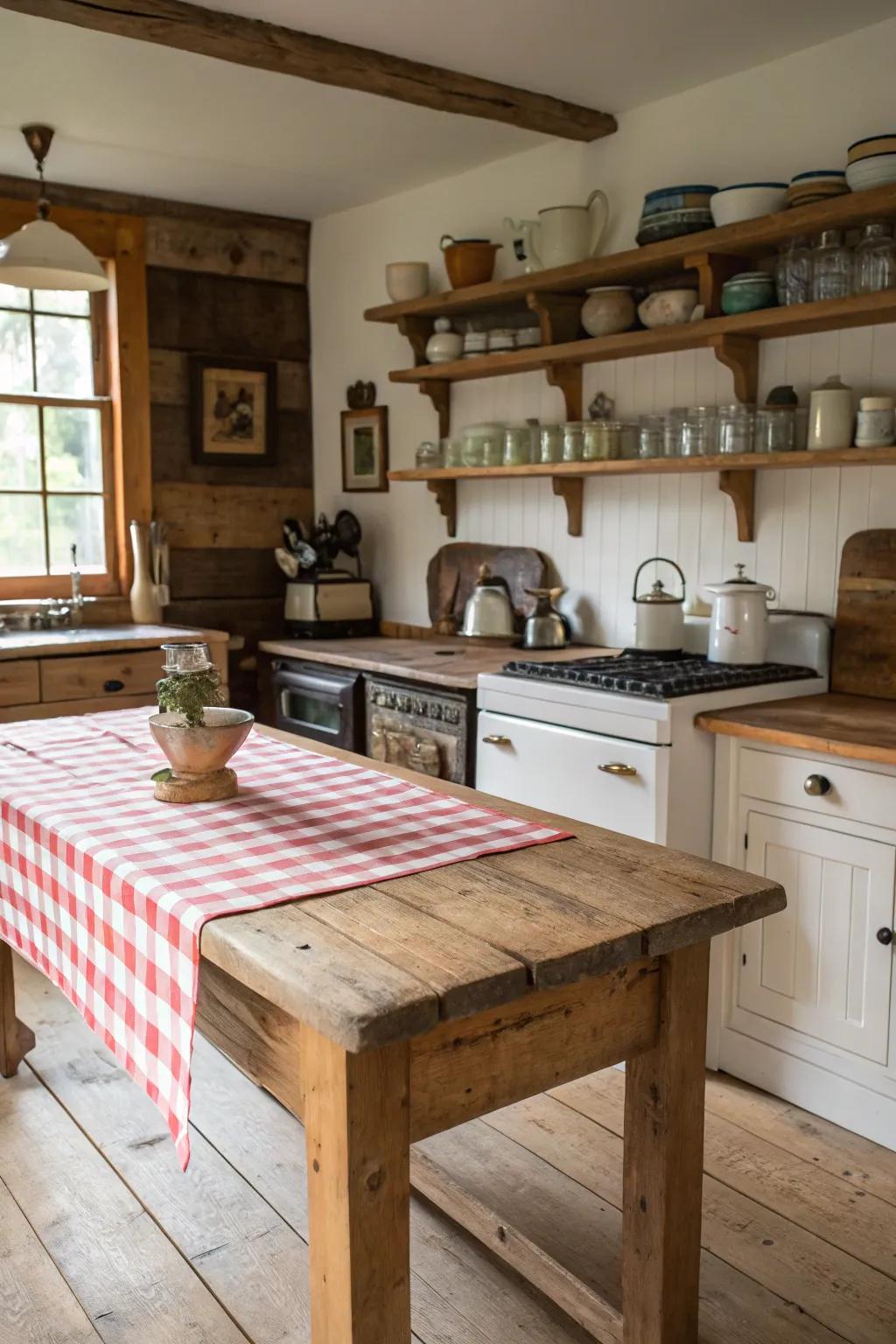 Wide plank wood countertops for a classic farmhouse feel.