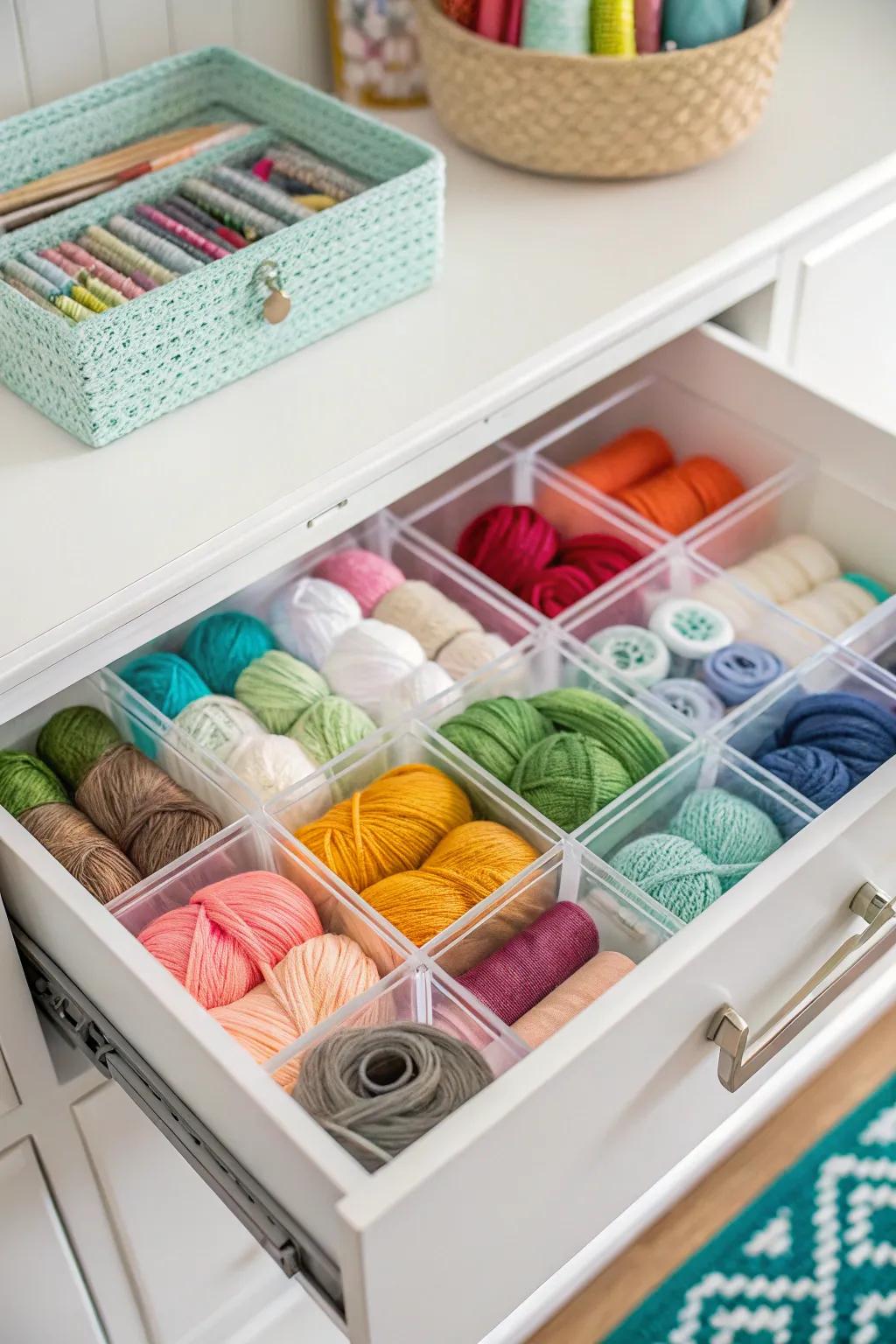 Clear drawer dividers keep yarn tidy and easy to access.