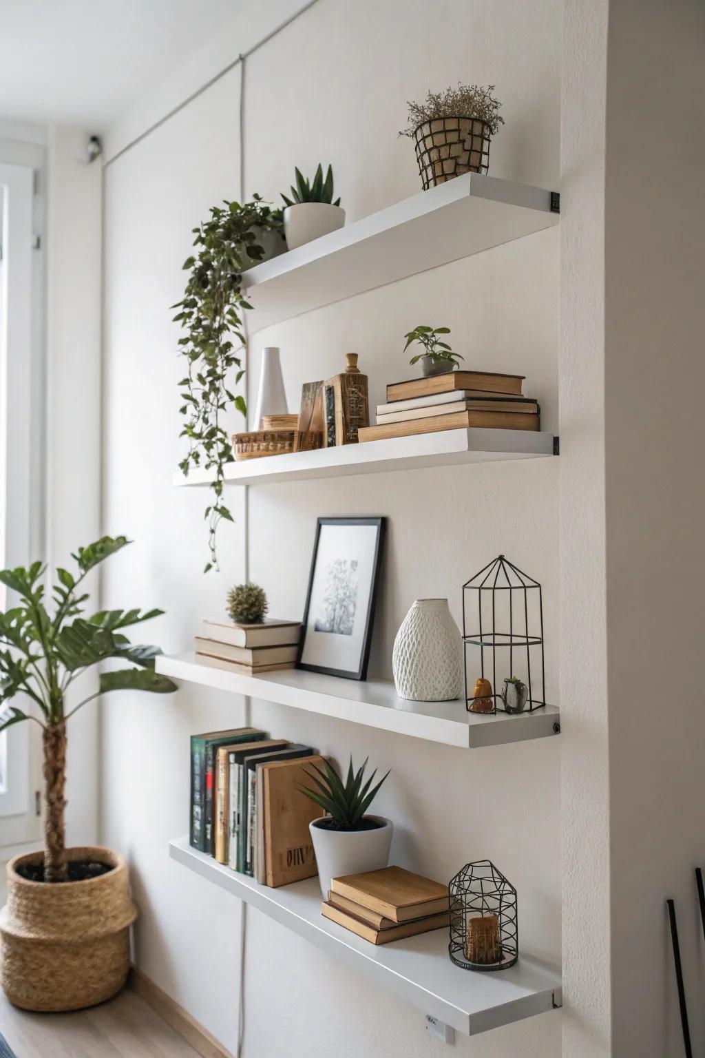 Floating shelves keeping the space functional and uncluttered.