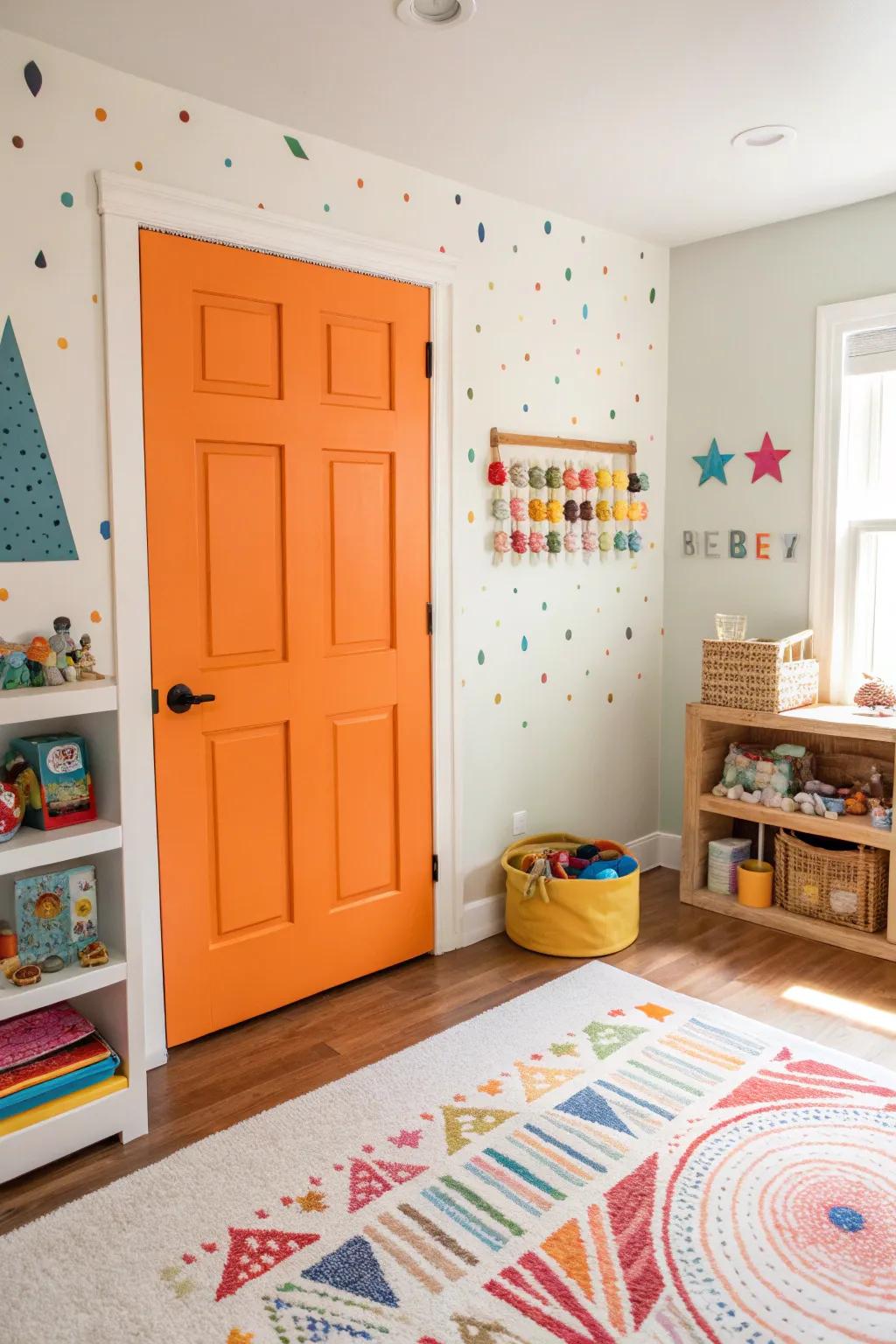 An orange 6-panel door adds energy to this lively playroom.