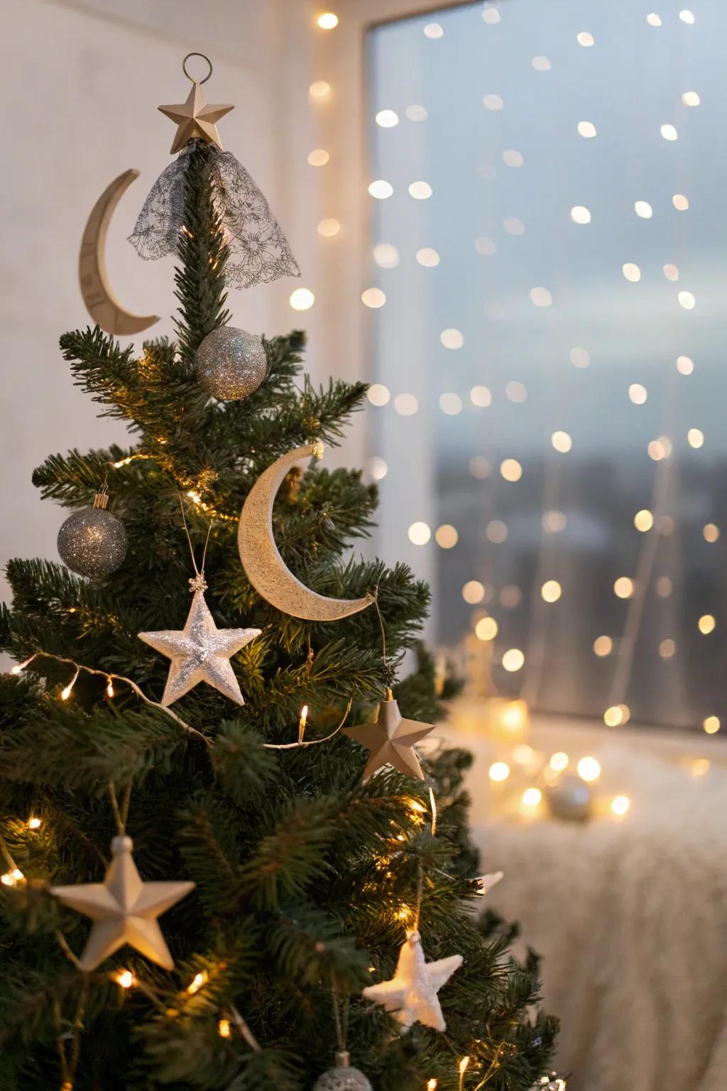 A celestial-themed Christmas tree adorned with star and moon ornaments.