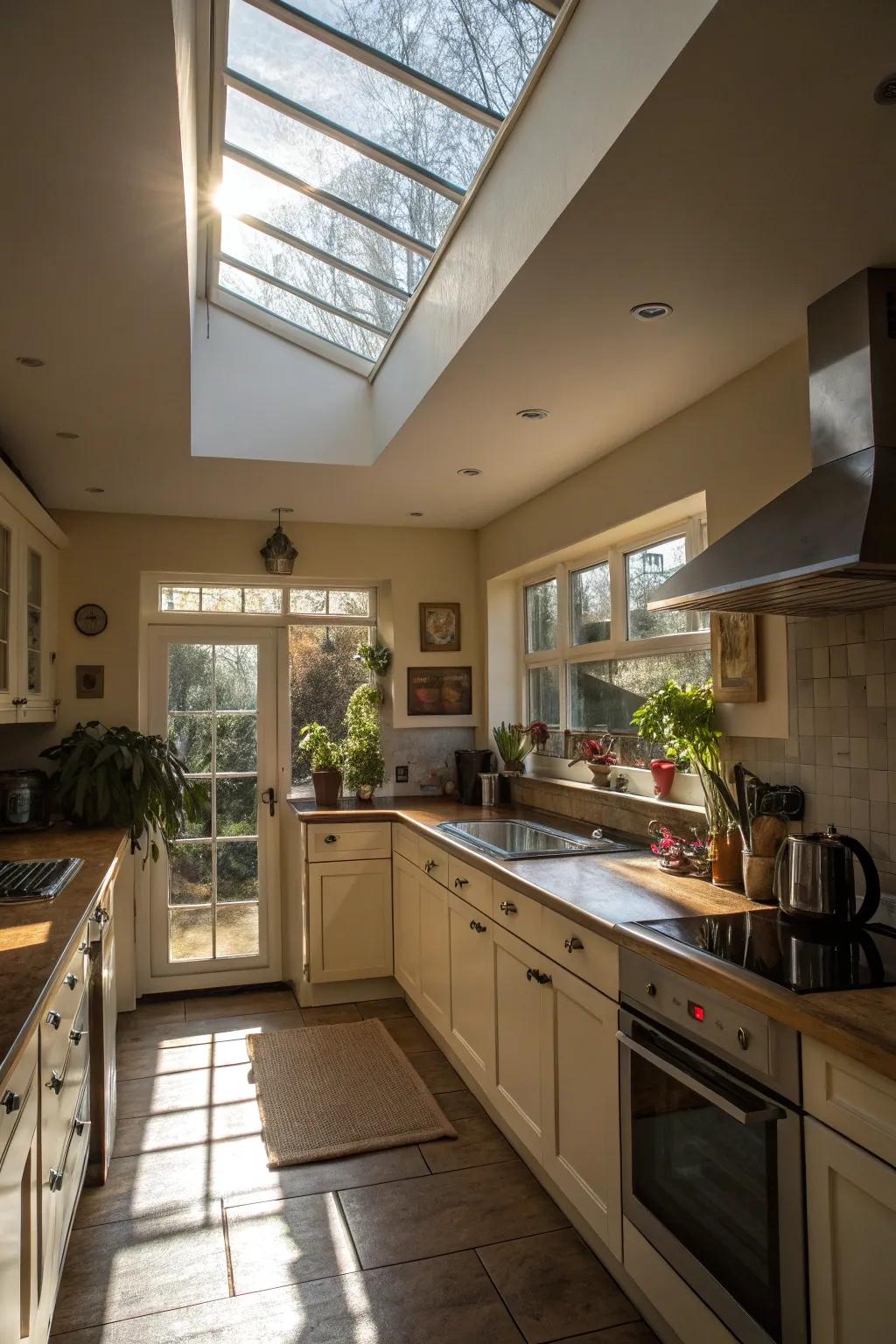 A skylight enhances natural light and openness in the kitchen.