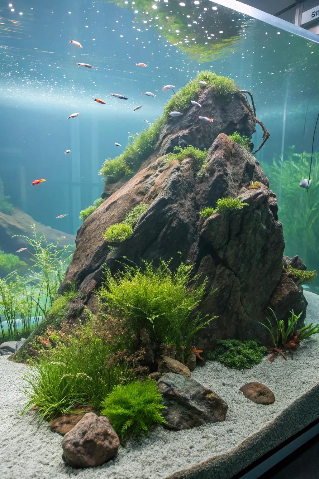 A rocky island scene evokes solitude and serenity in this aquascape.