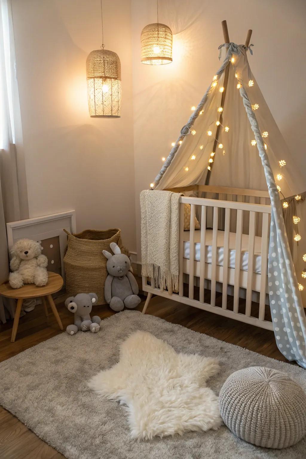 Soft lighting enhances the cozy and calming atmosphere of a nursery nook.