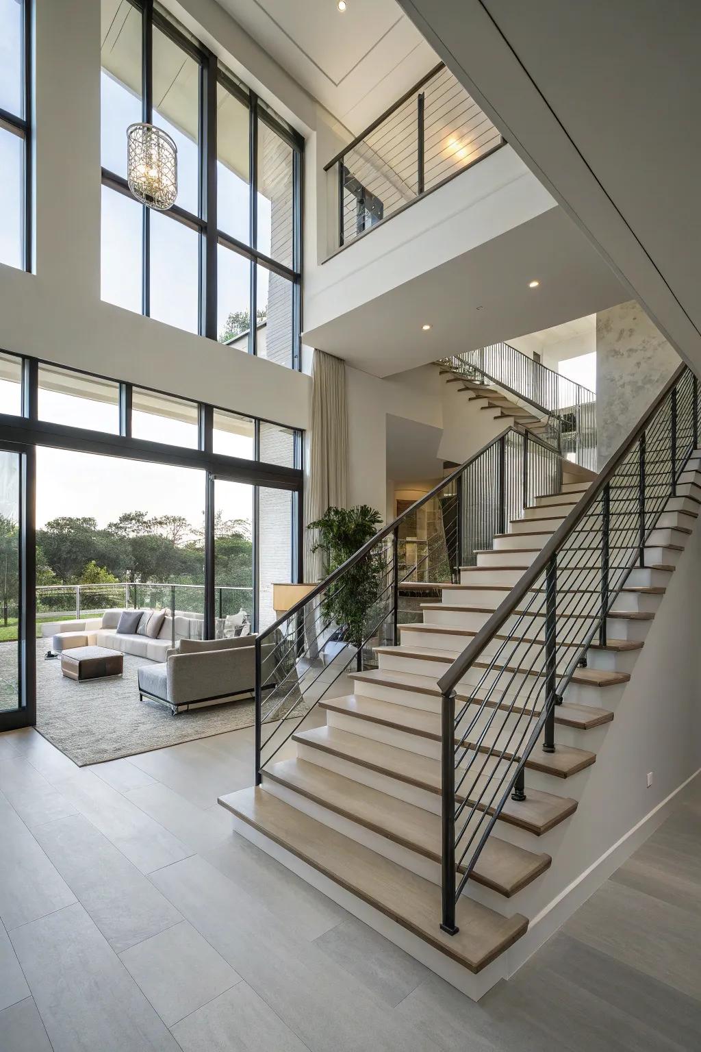 Modern sophistication with floating banisters.