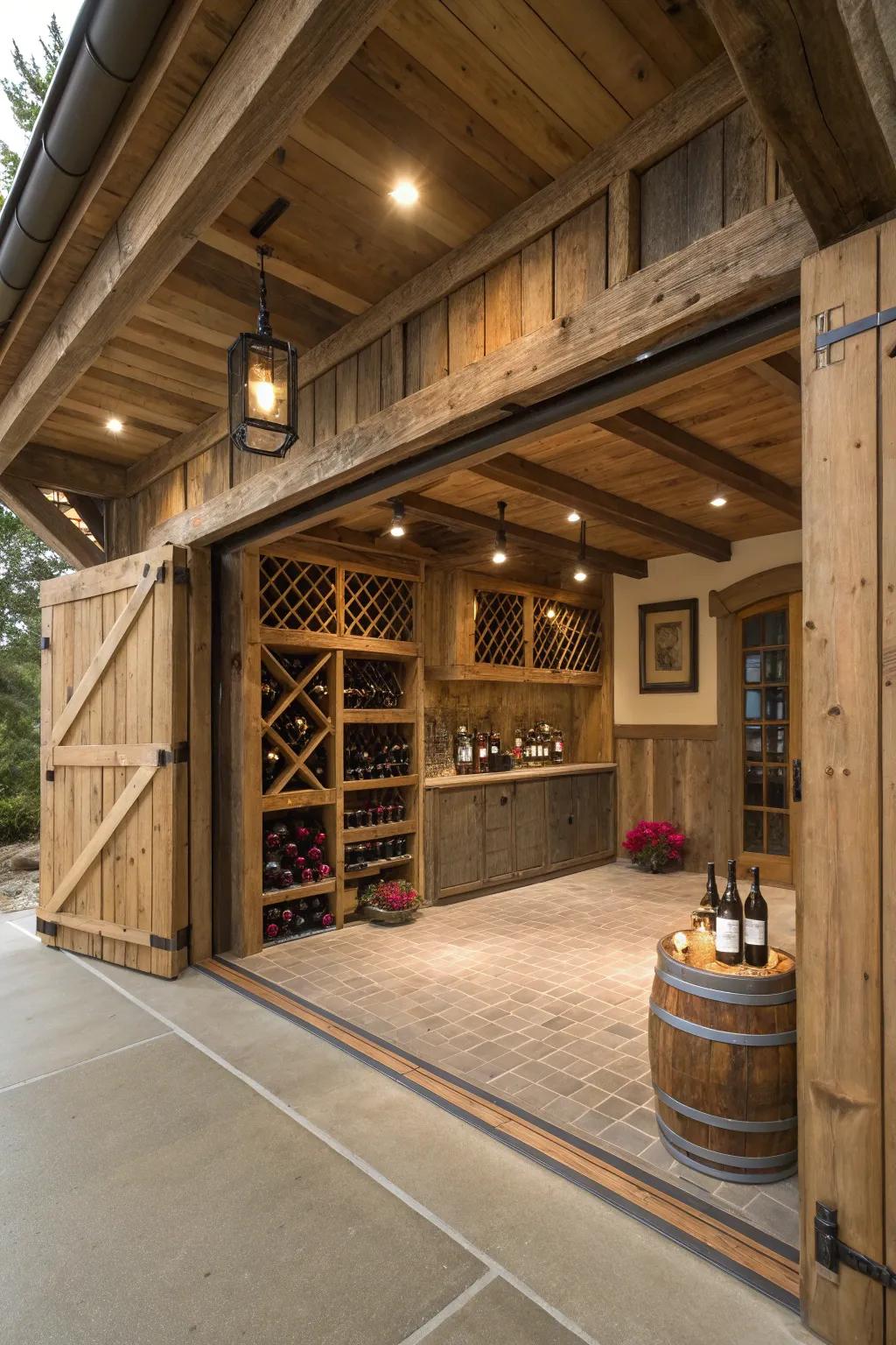 A wine cellar nook adds luxury and personal enjoyment to this barn garage.