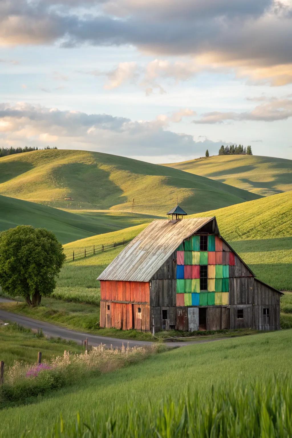 A barn enhanced with colorful panels, turning it into a lively masterpiece.