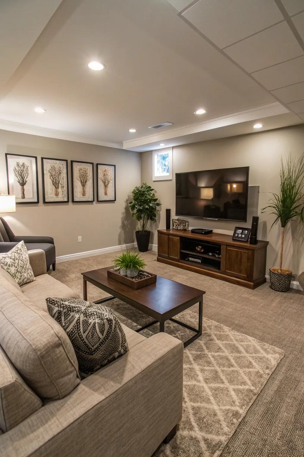 Quality flooring elevates the aesthetics and comfort of this basement.