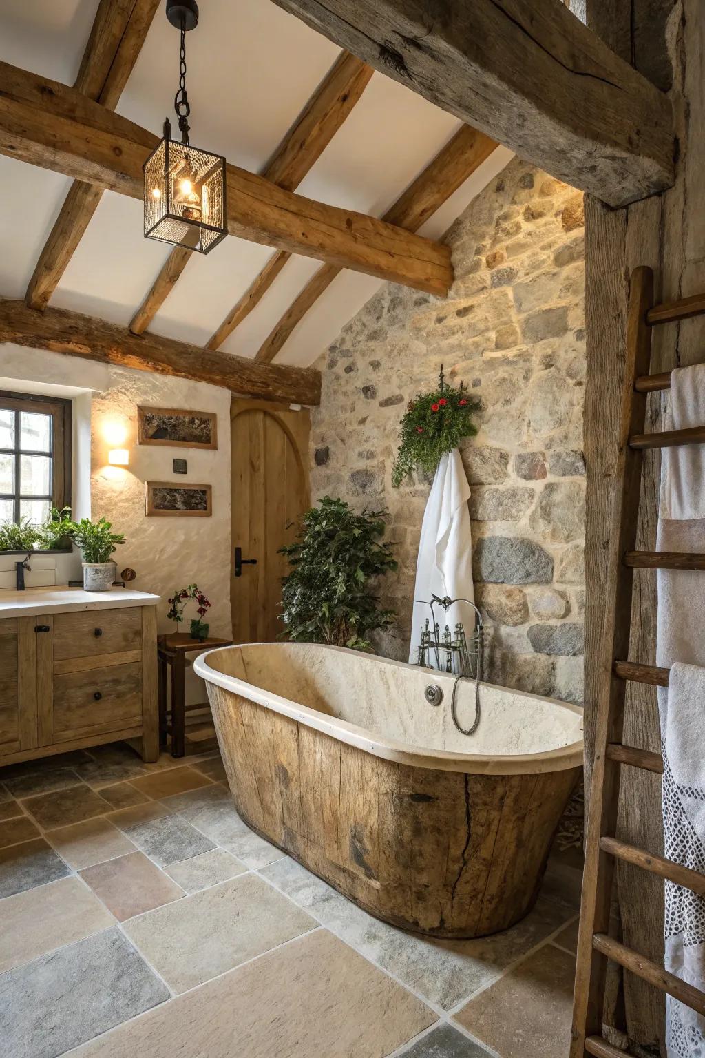 A rustic-style bathtub adds charm and warmth to this bathroom.