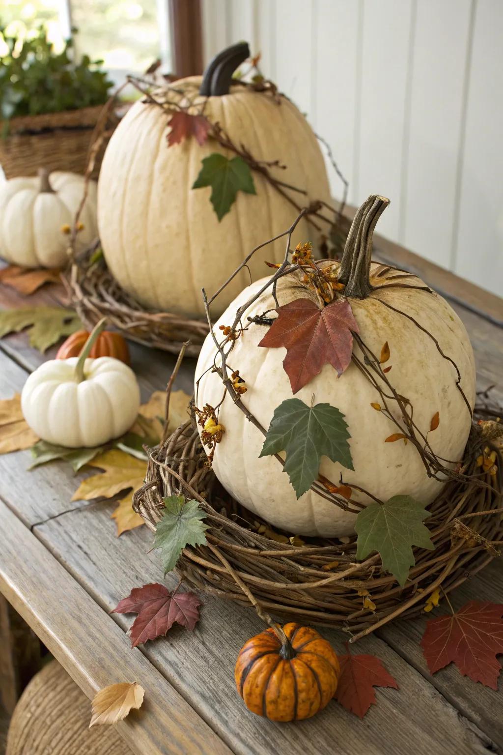 Incorporate natural textures with twig and leaf-adorned pumpkins.