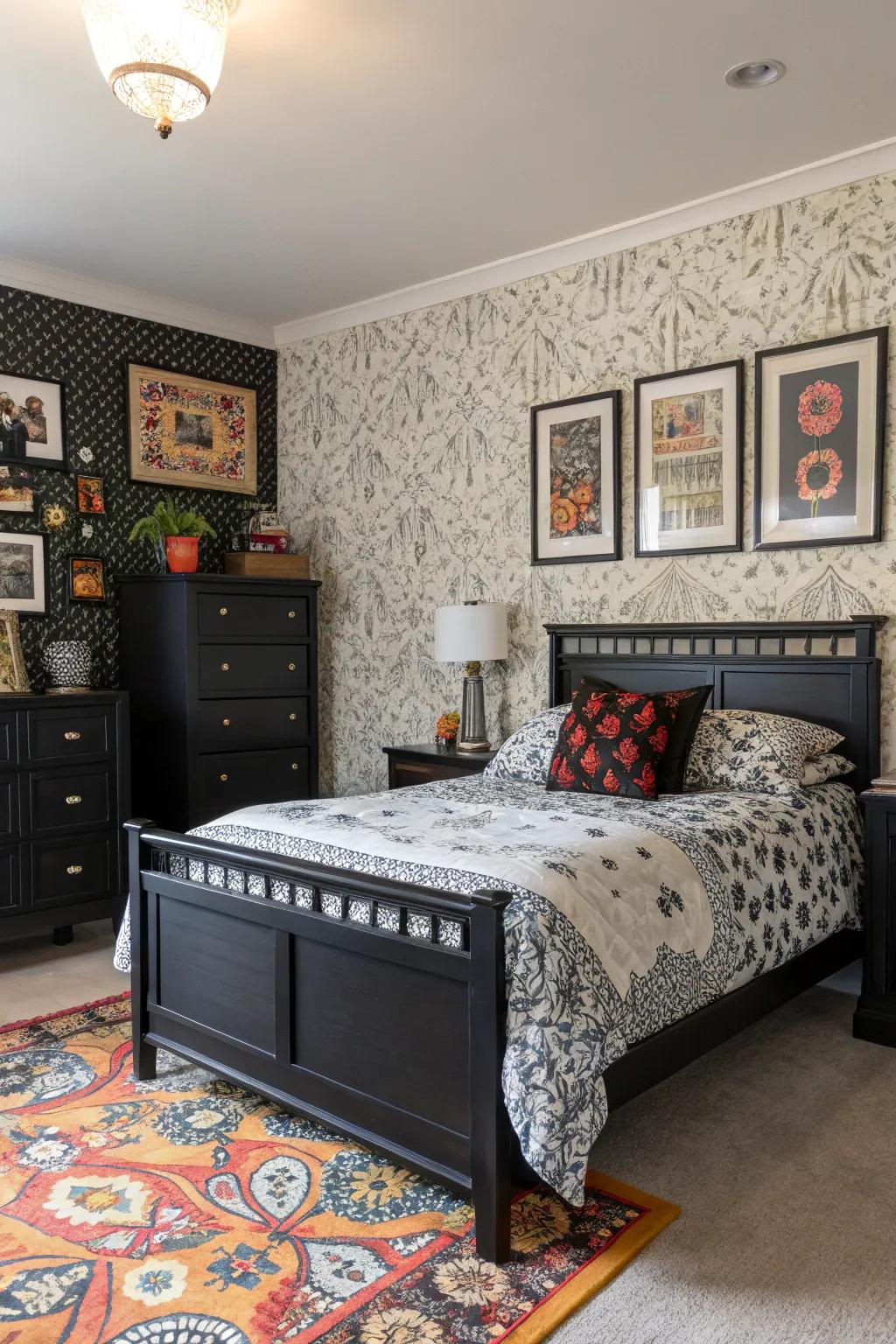 Mixed patterns add visual interest to this stylish bedroom.