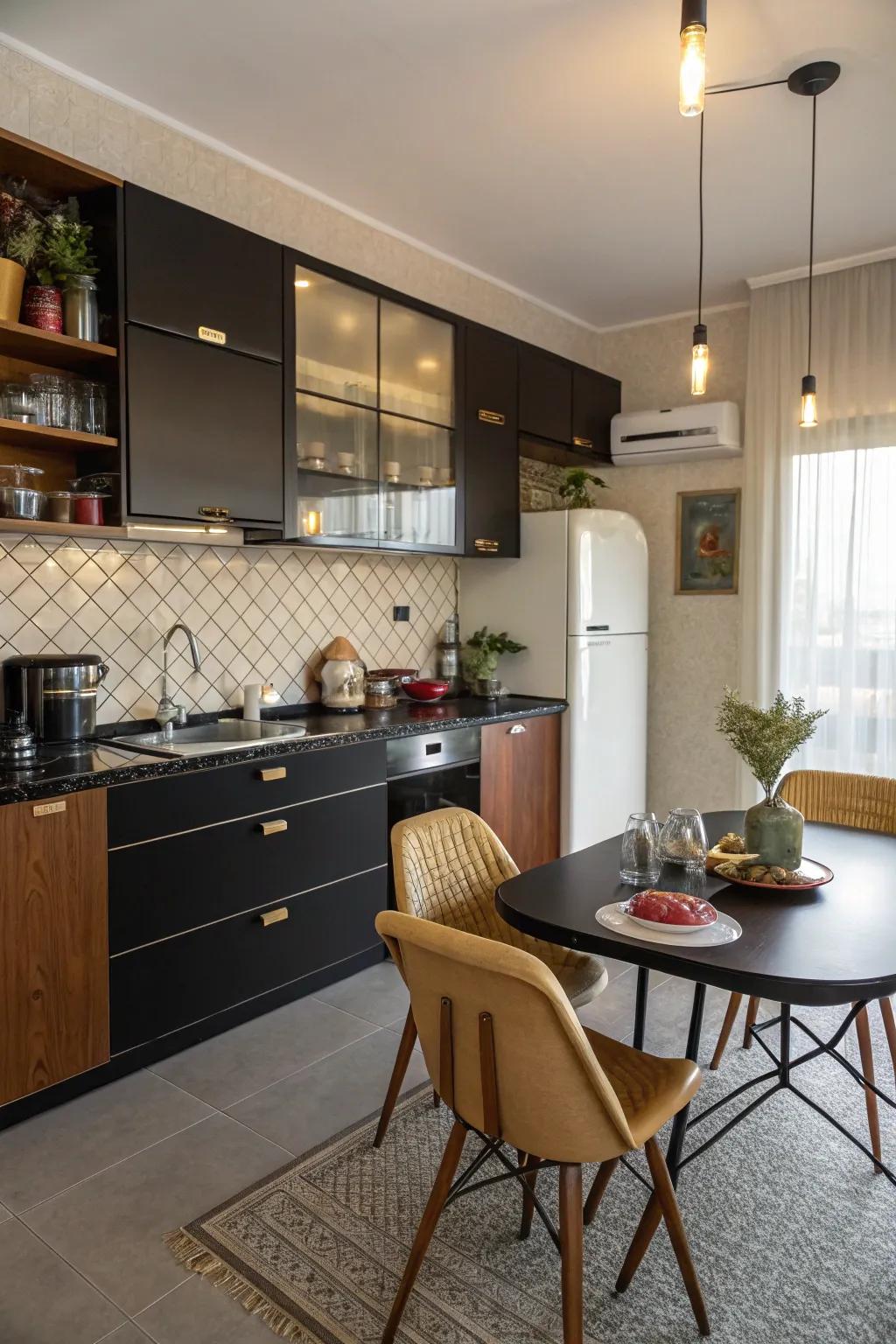 Mid-century modern style with black countertops.