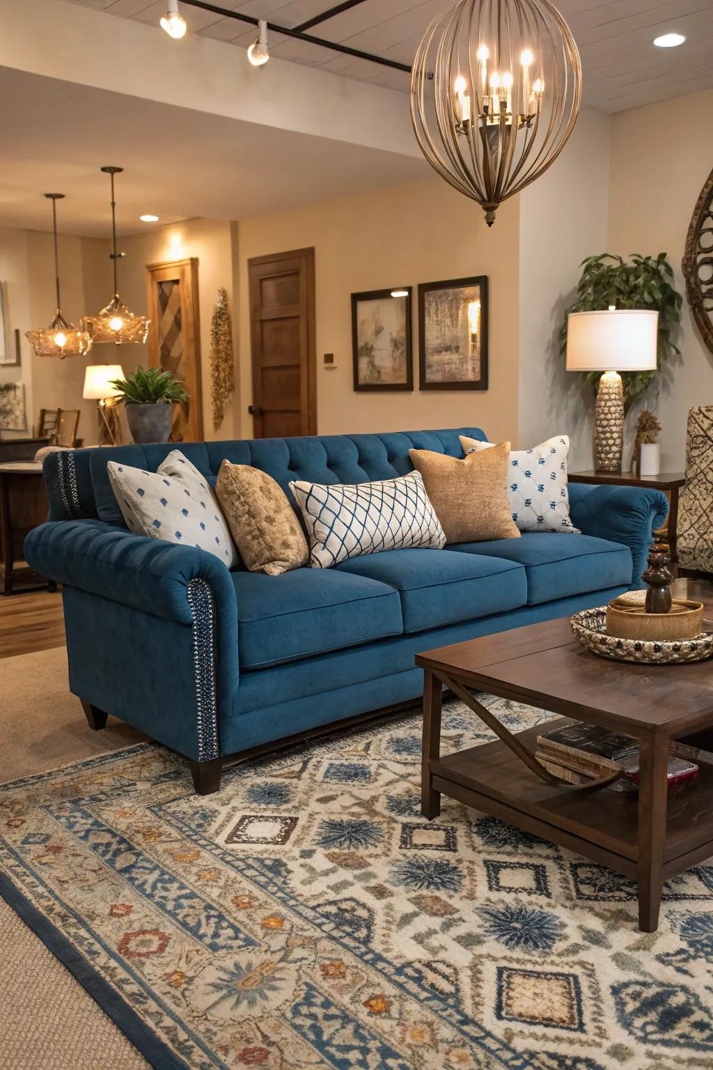 Statement furniture complements and elevates a blue couch setting.