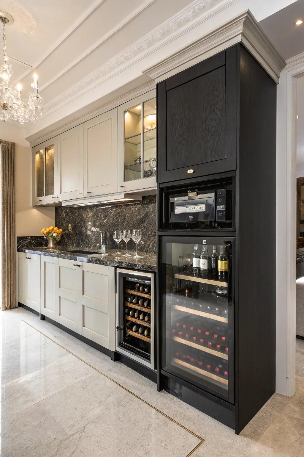 A unique combination of microwave and wine cooler for a sophisticated touch.