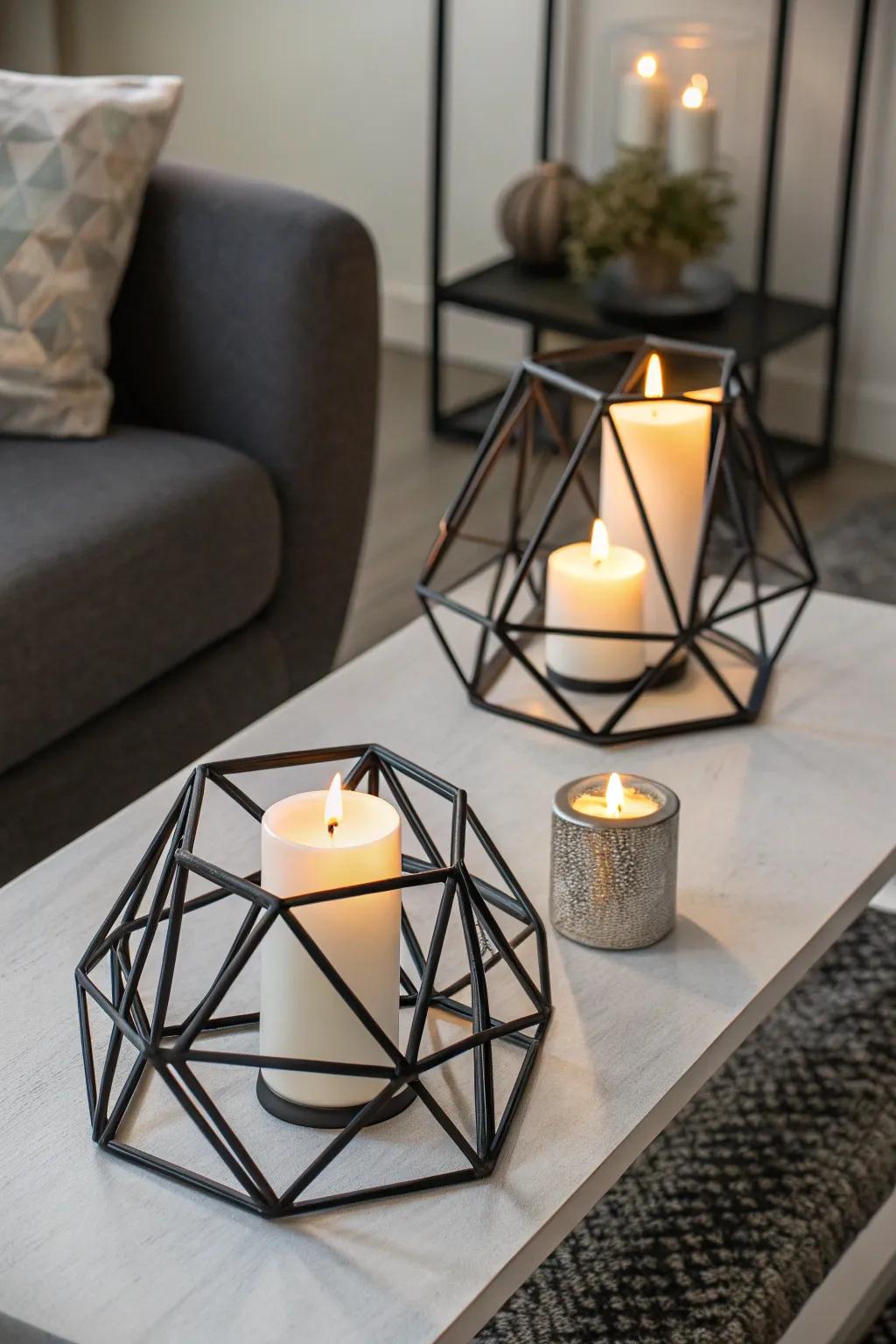 Bold modern statement with geometric candle holders.