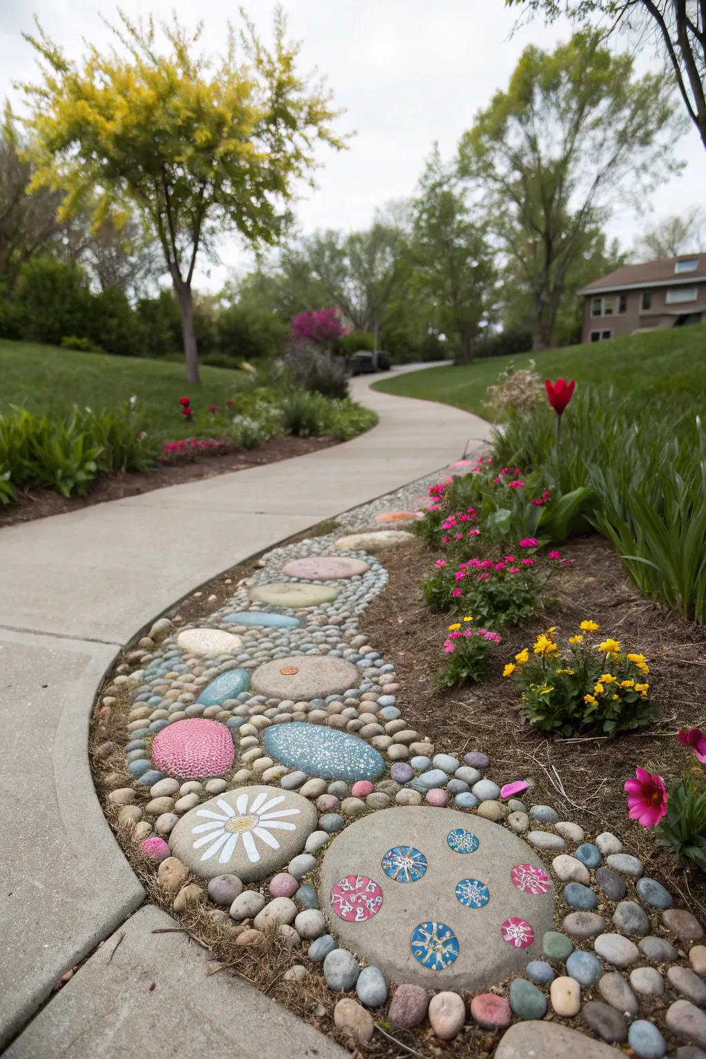 Whimsical pebble-filled cement walkway for playful garden charm.