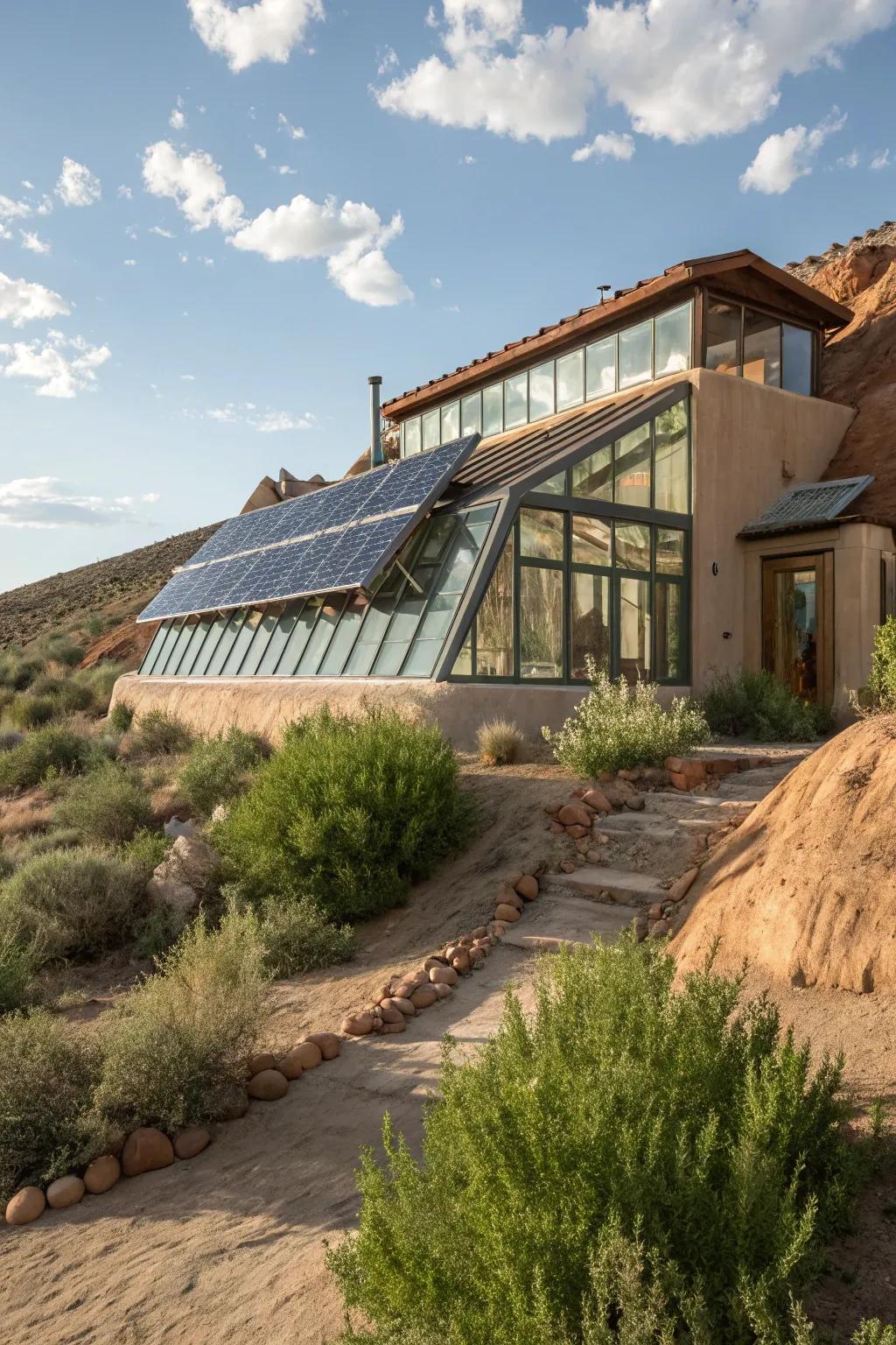 Innovative earthship home promoting self-sufficiency and sustainability.