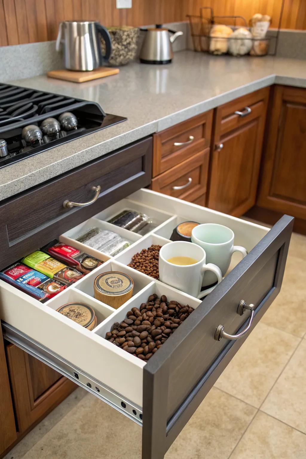 A hidden compartment adds a fun surprise to your coffee drawer.